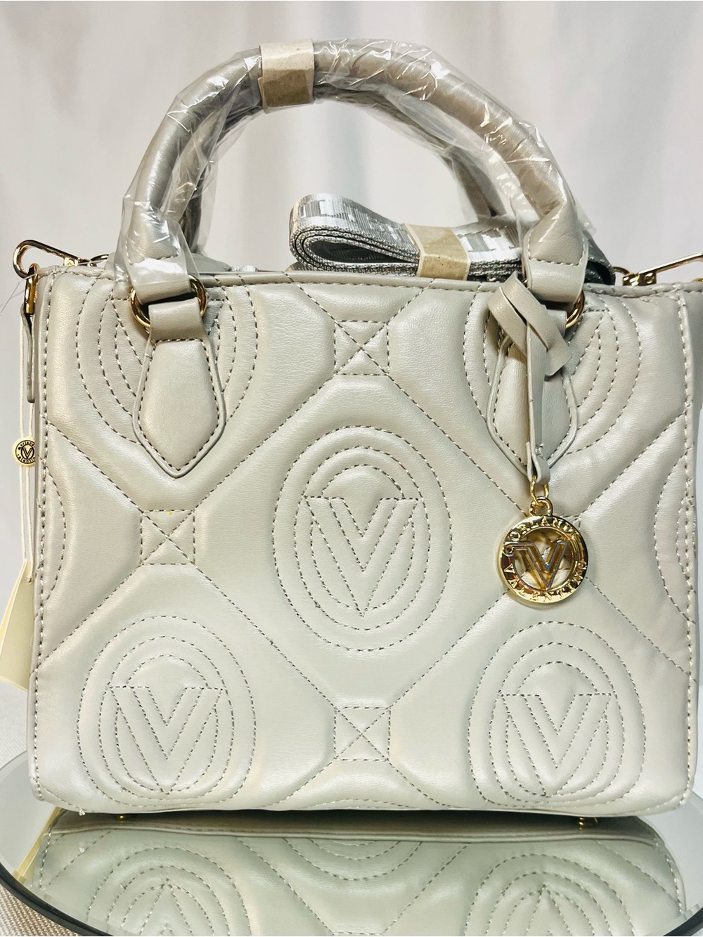 Valentino Orlandi Light Gray Quilted Crossbody Satchel with Guitar Strap - Picture 2 of 16